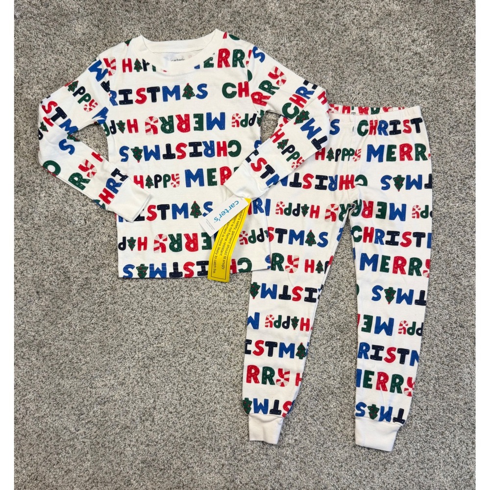 Carter's Pajama Set Kids 5T White New Merry Christmas Happy Print Snug‎ Fit 2pc